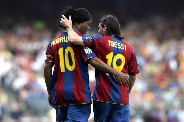 Ronaldinho (li.) und Lionel Messi (beide FC Barcelona) - Schlussjubel -  (pan21990) Fußball Herren Primera Division 2007 2008, 1. Spanische Liga, FC Barcelona, Barca Gruppe Barcelona Harmonie Freude, Fußball Herren Primera Division 2007 2008, 1. Spanische Liga, FC Barcelona, Barca Gruppe Barcelona Harmonie Freude, 