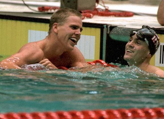 Gary Hall Jr. (li.) und David Fox (beide USA) jubeln -  (ind96031102) Schwimmen Herren Olympic US Trials 1996, 50m, 50 m, Meter, Freistil, Freistilschwimmen, Kraulschwimmen, Kraul Gruppe Indianapolis Freude, Schwimmen Herren Olympic US Trials 1996, 50m, 50 m, Meter, Freistil, Freistilschwimmen, Kraulschwimmen, Kraul Gruppe Indianapolis Freude,