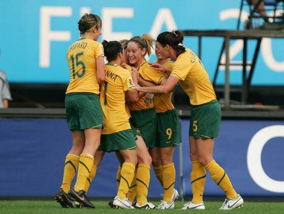 Torjubel Australien -  Fußball Länderspiel Damen WM 2007, Frauenfußball, Frauen, Nationalteam, Nationaltrikot, Gruppe C Gruppe Chengdu Freude, Fußball Länderspiel Damen WM 2007, Frauenfußball, Frauen, Nationalteam, Nationaltrikot, Gruppe C Gruppe Chengdu Freude,