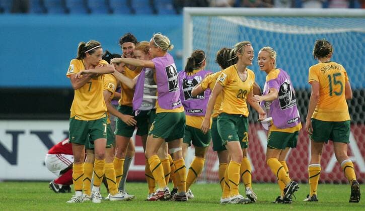 Schlussjubel Australien -  Fußball Länderspiel Damen WM 2007, Nationalmannschaft, Nationaltrikot, Frauen, Gruppe C, Frauenfußball, Australien Gruppe Chengdu Freude, Begeisterung, Fußball Länderspiel Damen WM 2007, Nationalmannschaft, Nationaltrikot, Frauen, Gruppe C, Frauenfußball, Australien Gruppe Chengdu Freude, Begeisterung,
