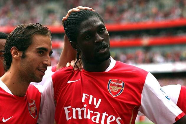 Emmanuel Adebayor (re.) und Mathieu Flamini (beide Arsenal) - Torjubel -  Fußball Herren English Premier League 2007 2008, 1. Englische Liga, FC Arsenal London Gruppe London Freude, Fußball Herren English Premier League 2007 2008, 1. Englische Liga, FC Arsenal London Gruppe London Freude,