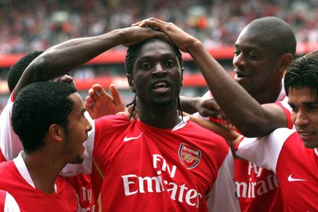 Torjubel Arsenal: Emmanuel Adebayor (Mitte), Theo Walcott (li.), Vassiriki Abou Diaby (2.v.re.) und Eduardo da Silva - Torjubel -  Fußball Herren English Premier League 2007 2008, 1. Englische Liga, FC Arsenal London Gruppe London Freude, Fußball Herren English Premier League 2007 2008, 1. Englische Liga, FC Arsenal London Gruppe London Freude,