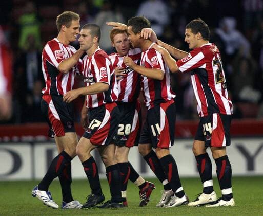 Torjubel Sheffield United, v.re.: Billy Sharp, Lee Hendrie, Stephen Quinn und Nick Montgomery - Fußball Herren Carling Cup 2007 2008, Englischer Pokal, Pokalspiel, Ligapokal, League, Sheffield United Gruppe Sheffield Freude, Fußball Herren Carling Cup 2007 2008, Englischer Pokal, Pokalspiel, Ligapokal, League, Sheffield United Gruppe Sheffield Freude,