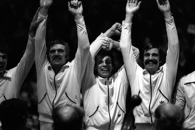 Weltmeister 1978 BR Deutschland, v. li.: Kurt Klühspies, Joachim Deckarm, Heiner Brand Handball WM Herren Weltmeisterschaft 1978, Länderspiel, Nationalteam, Finale, BRD Gruppe Kopenhagen Freude, Begeisterung, Handball WM Herren Weltmeisterschaft 1978, Länderspiel, Nationalteam, Finale, BRD Gruppe Kopenhagen Freude, Begeisterung,