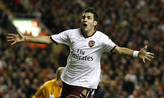 Cesc Fabregas (Arsenal) - Torjubel - EDITORIAL USE ONLY. No use with unauthorised audio, video, data, fixture lists, club league logos or live services. Online in-match use limited to 120 images, no video emulation. No use in betting, games or single club league player publications. Fußball Herren English Premier League 2007 2008, 1. Englische Liga, Arsenal FC London Einzelbild Liverpool Freude, Begeisterung, Fußball Herren English Premier League 2007 2008, 1. Englische Liga, Arsenal FC London Einzelbild Liverpool Freude, Begeisterung,