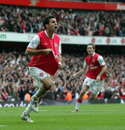 Torschütze Cesc Fabregas (Arsenal) jubelt lautstark - EDITORIAL USE ONLY. No use with unauthorised audio, video, data, fixture lists, club league logos or live services. Online in-match use limited to 120 images, no video emulation. No use in betting, games or single club league player publications. Fußball Herren English Premier League 2007 2008, 1. Englische Liga, Arsenal FC London, Vdig Einzelbild London Freude, Begeisterung, Fußball Herren English Premier League 2007 2008, 1. Englische Liga, Arsenal FC London, Vdig Einzelbild London Freude, Begeisterung,