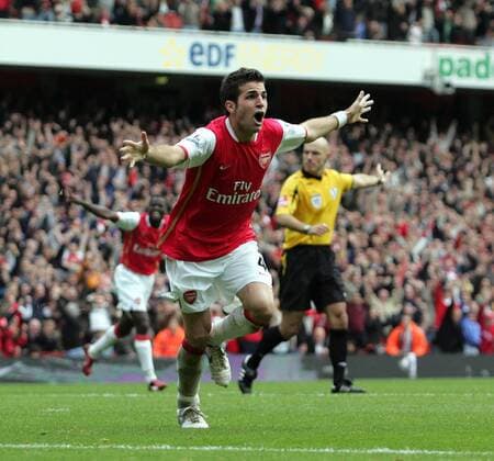 Torschütze Cesc Fabregas (Arsenal) jubelt lautstark - EDITORIAL USE ONLY. No use with unauthorised audio, video, data, fixture lists, club league logos or live services. Online in-match use limited to 120 images, no video emulation. No use in betting, games or single club league player publications. Fußball Herren English Premier League 2007 2008, 1. Englische Liga, Arsenal FC London, Vdig Einzelbild London Freude, Begeisterung, Fußball Herren English Premier League 2007 2008, 1. Englische Liga, Arsenal FC London, Vdig Einzelbild London Freude, Begeisterung,