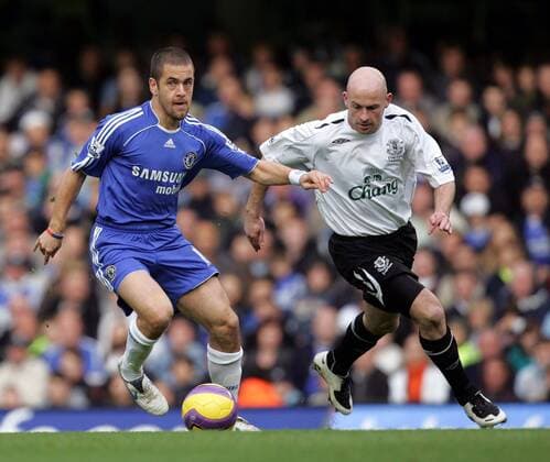 Joe Cole (Chelsea, li.) gegen Lee Carsley (Everton) - EDITORIAL USE ONLY. No use with unauthorised audio, video, data, fixture lists, club league logos or live services. Online in-match use limited to 120 images, no video emulation. No use in betting, games or single club league player publications. Fußball Herren English Premier League 2007 2008, 1. Englische Liga, Chelsea FC London - Everton FC 1:1 Gruppe London Dynamik, Fußball Herren English Premier League 2007 2008, 1. Englische Liga, Chelsea FC London - Everton FC 1:1 Gruppe London Dynamik,
