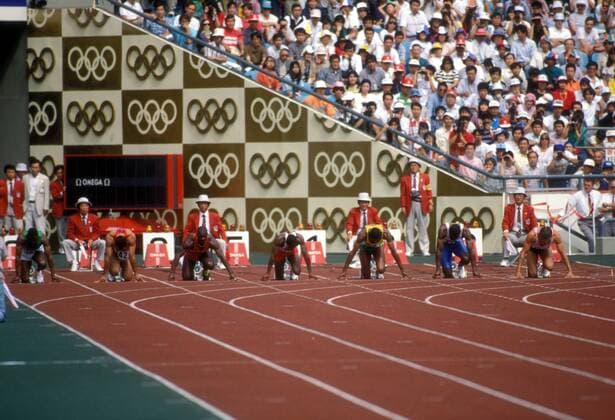 Start zum 100m Lauf bei den Olympischen Spielen 1988 in Seoul Leichtathletik OS Sommer Herren Olympische Spiele Seoul 1988, Sommerspiele, Nationaltrikot Teilnehmer Läufer Totale o0 Athleten Leichtathleten Starter Seoul Leichtathletik OS Sommer Herren Olympische Spiele Seoul 1988, Sommerspiele, Nationaltrikot Teilnehmer Läufer Totale o0 Athleten Leichtathleten Starter Seoul