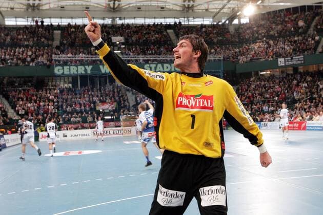 Torwart Carsten Lichtlein (Lemgo) - Jubel Handball 1. BL Herren Saison 2007 2008, TBV Lemgo Einzelbild Halle Westfalen Freude, Begeisterung, Überlegenheit Handball 1. BL Herren Saison 2007 2008, TBV Lemgo Einzelbild Halle Westfalen Freude, Begeisterung, Überlegenheit