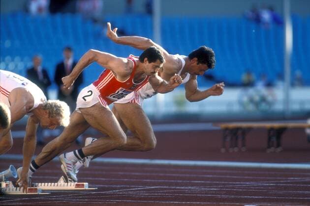 Jürgen Hingsen (BR Deutschland, re.) - Fehlstart Leichtathletik OS Sommer Herren Olympische Spiele Seoul 1988, Sommerspiele, Nationaltrikot Gruppe Seoul Leichtathletik OS Sommer Herren Olympische Spiele Seoul 1988, Sommerspiele, Nationaltrikot Gruppe Seoul