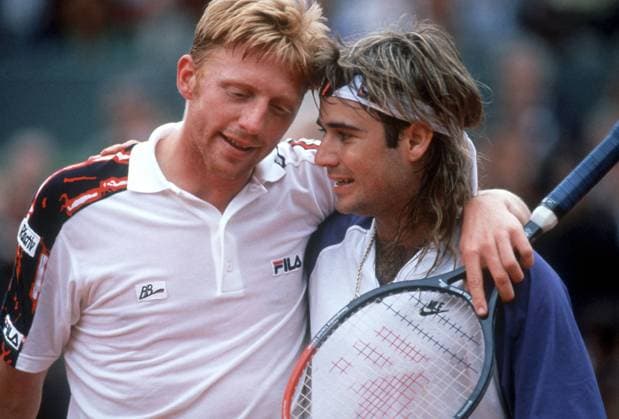 Boris Becker (Deutschland, li.) und Andre Agassi (USA) Tennis Herren French Open 1991, Grand Slam ATP Tour Gruppe Roland Garros Paris Harmonie, Freude Tennis Herren French Open 1991, Grand Slam ATP Tour Gruppe Roland Garros Paris Harmonie, Freude