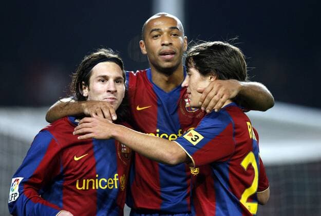 Torjubel FC Barcelona, v.li.: Lionel Messi, Thierry Henry und Bojan Krkic -  (pan23342) Fußball Herren Primera Division 2007 2008, 1. Spanische Liga, FC Barcelona, Barca Gruppe Barcelona Freude, Fußball Herren Primera Division 2007 2008, 1. Spanische Liga, FC Barcelona, Barca Gruppe Barcelona Freude, 