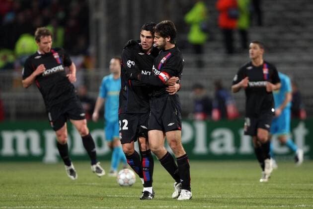 Anderson (li.) und Juninho (beide Lyon) - Torjubel -  Fußball EC 1 Herren Champions League 2007 2008, Olympique Lyonnais, OL, Vdig Gruppe Lyon Freude, Fußball EC 1 Herren Champions League 2007 2008, Olympique Lyonnais, OL, Vdig Gruppe Lyon Freude,