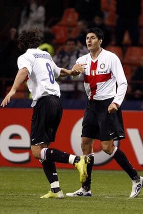 Julio Ricardo Cruz (re.) - Torjubel mit Zlatan Ibrahimovic (beide Inter Mailand) -  Fußball EC 1 Herren Champions League 2007 2008, FC Internazionale Mailand Gruppe Mailand Freude, Fußball EC 1 Herren Champions League 2007 2008, FC Internazionale Mailand Gruppe Mailand Freude,