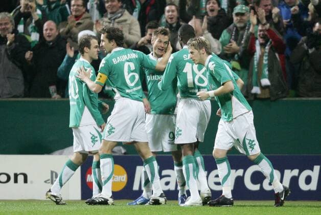 Torjubel Bremen, u.a.: Markus Rosenberg (Mitte) Fußball EC 1 Herren Champions League 2007 2008, SV Werder Bremen Gruppe Bremen Freude, Fußball EC 1 Herren Champions League 2007 2008, SV Werder Bremen Gruppe Bremen Freude,