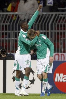 Boubacar Sanogo (li.) und Markus Rosenberg (beide Bremen) - Torjubel Fußball EC 1 Herren Champions League 2007 2008, SV Werder Bremen Gruppe Bremen Freude, Begeisterung, Fußball EC 1 Herren Champions League 2007 2008, SV Werder Bremen Gruppe Bremen Freude, Begeisterung,