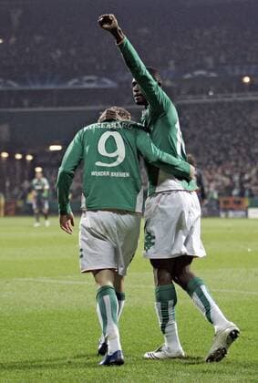 Boubacar Sanogo (re.) und Markus Rosenberg (beide Bremen) - Torjubel Fußball EC 1 Herren Champions League 2007 2008, SV Werder Bremen Gruppe Bremen Freude, Fußball EC 1 Herren Champions League 2007 2008, SV Werder Bremen Gruppe Bremen Freude,