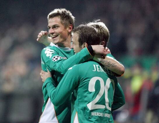 Markus Rosenberg (li.) und Daniel Jensen (beide Bremen) - Torjubel Fußball EC 1 Herren Champions League 2007 2008, SV Werder Bremen Gruppe Bremen Freude, Begeisterung, Fußball EC 1 Herren Champions League 2007 2008, SV Werder Bremen Gruppe Bremen Freude, Begeisterung,
