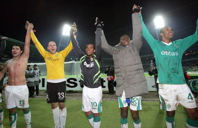 Schlussjubel Bremen, v.re.: Naldo, Boubacar Sanogo, Carlos Alberto, Torwart Christian Vander und Dusko Tosic Fußball EC 1 Herren Champions League 2007 2008, SV Werder Bremen Gruppe Bremen Harmonie, Freude, Begeisterung, Fußball EC 1 Herren Champions League 2007 2008, SV Werder Bremen Gruppe Bremen Harmonie, Freude, Begeisterung,