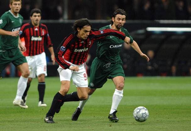 Filippo Inzaghi (AC Mailand, li.) gegen Paul Hartley (Celtic Glasgow) - Fußball EC 1 Herren Champions League 2007 2008, AC Mailand - Celtic Glasgow 1:0, Milan Gruppe Mailand Dynamik, Fußball EC 1 Herren Champions League 2007 2008, AC Mailand - Celtic Glasgow 1:0, Milan Gruppe Mailand Dynamik,