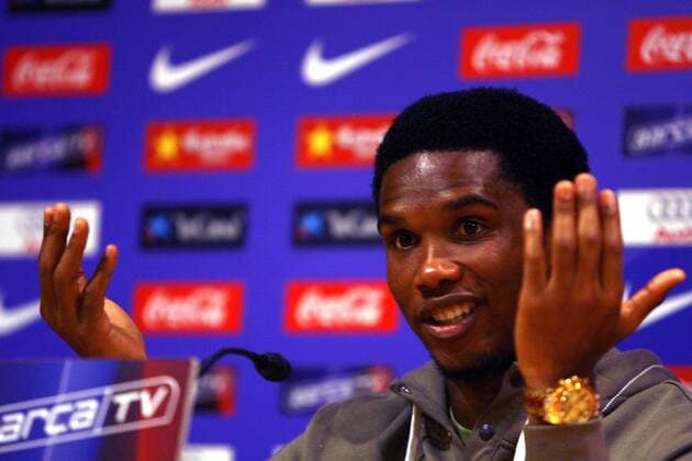 Samuel Etoo (FC Barcelona) während der Pressekonferenz -  - NOxONLINExUSE Fußball Herren Primera Division 2007 2008, 1. Spanische Liga, Barca, Pressekonferenz, Pressetermin Einzelbild Barcelona Fußball Herren Primera Division 2007 2008, 1. Spanische Liga, Barca, Pressekonferenz, Pressetermin Einzelbild Barcelona