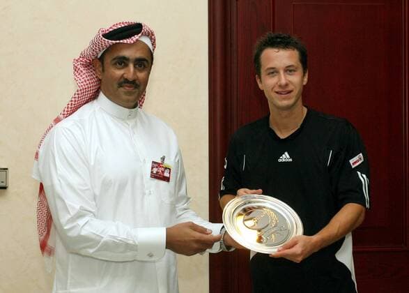 Philipp Kohlschreiber (Deutschland, re.) - Sieger im Doppel der Qatar Open 2008 - bei der Siegerehrung mit QTF Präsident Sheikh Mohamad Bin Faleh Al Thani (Qatar) Tennis Herren Qatar Open 2008, ATP Tour, Finale, Endspiel Gruppe Doha Freude, Tennis Herren Qatar Open 2008, ATP Tour, Finale, Endspiel Gruppe Doha Freude,