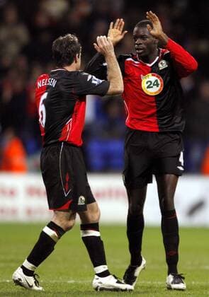 Torschütze Christopher Samba (re.) und Ryan Nelsen (beide Blackburn) - Torjubel - EDITORIAL USE ONLY. No use with unauthorised audio, video, data, fixture lists, club league logos or live services. Online in-match use limited to 120 images, no video emulation. No use in betting, games or single club league player publications. Fußball Herren English Premier League 2007 2008, 1. Englische Liga, Blackburn Rovers Gruppe Bolton Freude, Fußball Herren English Premier League 2007 2008, 1. Englische Liga, Blackburn Rovers Gruppe Bolton Freude,