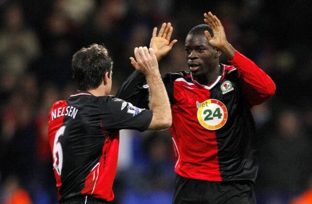 Torschütze Christopher Samba (re.) und Ryan Nelsen (beide Blackburn) - Torjubel - EDITORIAL USE ONLY. No use with unauthorised audio, video, data, fixture lists, club league logos or live services. Online in-match use limited to 120 images, no video emulation. No use in betting, games or single club league player publications. Fußball Herren English Premier League 2007 2008, 1. Englische Liga, Blackburn Rovers Gruppe Bolton Freude, Fußball Herren English Premier League 2007 2008, 1. Englische Liga, Blackburn Rovers Gruppe Bolton Freude,