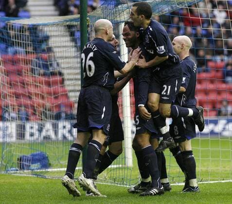 Torjubel Everton, u. a.: Jolean Lescott (Mitte) -  Fußball Herren English Premier League 2007 2008, 1. Englische Liga, Everton FC Gruppe Wigan Freude, Begeisterung, Fußball Herren English Premier League 2007 2008, 1. Englische Liga, Everton FC Gruppe Wigan Freude, Begeisterung,