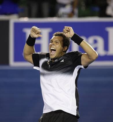 Jo Wilfried Tsonga (Frankreich) - Schlußjubel Tennis Herren Australian Open 2008, Grand Slam, ATP Tour Einzelbild Melbourne Freude, Begeisterung, Tennis Herren Australian Open 2008, Grand Slam, ATP Tour Einzelbild Melbourne Freude, Begeisterung,