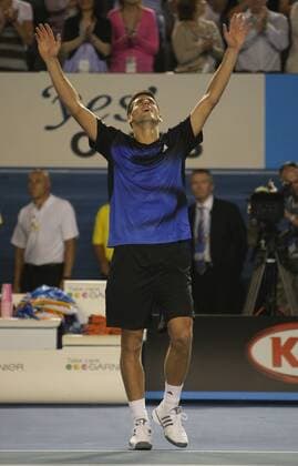 Novak Djokovic (Serbien) gewinnt die Australian Open 2008 Tennis Herren Australian Open 2008, Grand Slam, ATP Tour Einzelbild Finale Melbourne Freude, Tennis Herren Australian Open 2008, Grand Slam, ATP Tour Einzelbild Finale Melbourne Freude,