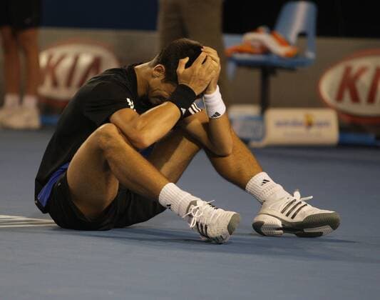 Novak Djokovic (Serbien) gewinnt die Australian Open 2008 Tennis Herren Australian Open 2008, Grand Slam, ATP Tour Einzelbild Finale Melbourne Freude, Begeisterung, Tennis Herren Australian Open 2008, Grand Slam, ATP Tour Einzelbild Finale Melbourne Freude, Begeisterung,