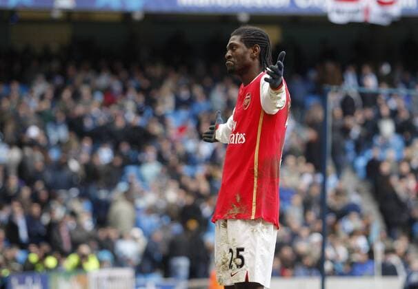 Emmanuel Adebayor (Arsenal) - Torjubel - EDITORIAL USE ONLY. No use with unauthorised audio, video, data, fixture lists, club league logos or live services. Online in-match use limited to 120 images, no video emulation. No use in betting, games or single club league player publications. Fußball Herren English Premier League 2007 2008, 1. Englische Liga, Arsenal FC London Einzelbild Manchester Fußball Herren English Premier League 2007 2008, 1. Englische Liga, Arsenal FC London Einzelbild Manchester