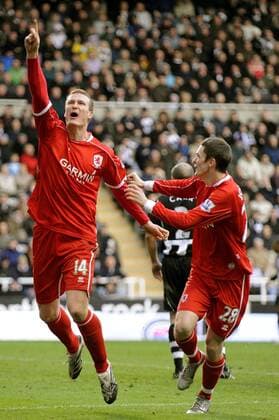 Robert Huth (li.) und Adam Johnson (beide Middlesbrough) - Torjubel - EDITORIAL USE ONLY. No use with unauthorised audio, video, data, fixture lists, club league logos or live services. Online in-match use limited to 120 images, no video emulation. No use in betting, games or single club league player publications. Fußball Herren English Premier League 2007 2008, 1. Englische Liga, Middlesbrough FC Gruppe Newcastle Freude, Begeisterung, Fußball Herren English Premier League 2007 2008, 1. Englische Liga, Middlesbrough FC Gruppe Newcastle Freude, Begeisterung,