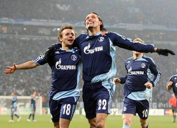 Kevin Kuranyi (re.) und Rafinha (beide Schalke) - Torjubel Fußball EC 1 Herren Champions League 2007 2008, FC Schalke 04 Gruppe Gelsenkirchen Freude, Begeisterung, Fußball EC 1 Herren Champions League 2007 2008, FC Schalke 04 Gruppe Gelsenkirchen Freude, Begeisterung,