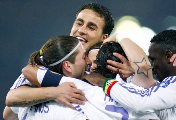 Torjubel Real Madrid, u.a. mit Fabio Cannavaro (hi.) -  Fußball EC 1 Herren Champions League 2007 2008, Real Madrid CF Gruppe Rom Freude, Begeisterung, Fußball EC 1 Herren Champions League 2007 2008, Real Madrid CF Gruppe Rom Freude, Begeisterung,