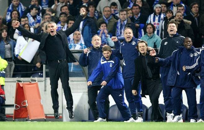 Schlussjubel Schalke, v.li.: Trainer Mirko Slomka und Manager Andreas Müller Fußball EC 1 Herren Champions League 2007 2008, FC Schalke 04 Totale Porto Begeisterung, Freude, Fußball EC 1 Herren Champions League 2007 2008, FC Schalke 04 Totale Porto Begeisterung, Freude,