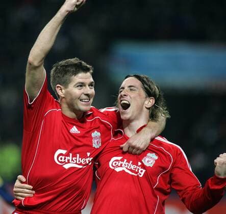 Steven Gerrard (li.) und Fernando Torres (beide Liverpool) - Torjubel - Fußball EC 1 Herren Champions League 2007 2008, FC Liverpool Gruppe Mailand Freude, Begeisterung, Fußball EC 1 Herren Champions League 2007 2008, FC Liverpool Gruppe Mailand Freude, Begeisterung,