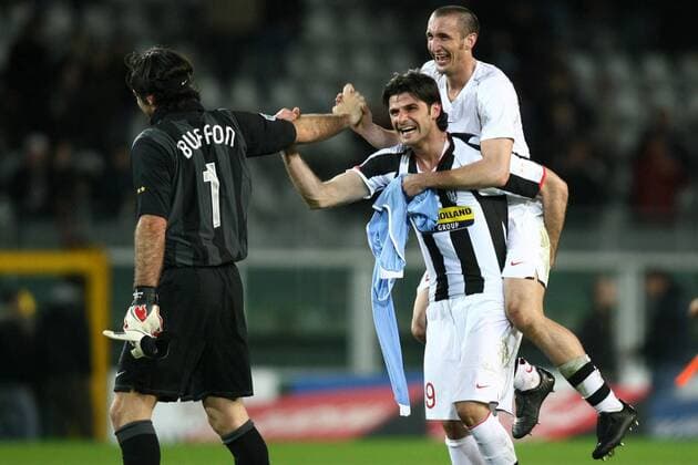 Schlussjubel Juventus Turin, v.re.: Giorgio Chiellini, Vincenzo Iaquinta und Torwart Gianluigi Buffon -  Fußball Herren Serie A 2007 2008, 1. Italienische Liga, Juventus Turin, Juve Gruppe Turin Fußball Herren Serie A 2007 2008, 1. Italienische Liga, Juventus Turin, Juve Gruppe Turin