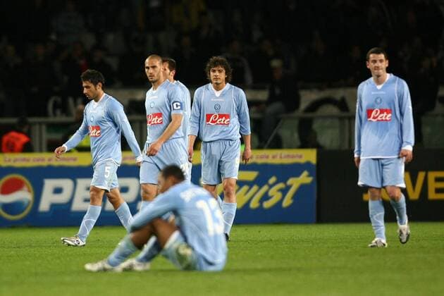 Spieler von Neapel enttäuscht nach dem Schlusspfiff -  Fußball Herren Serie A 2007 2008, 1. Italienische Liga, SSC Napoli Gruppe Turin Enttäuschung, Fußball Herren Serie A 2007 2008, 1. Italienische Liga, SSC Napoli Gruppe Turin Enttäuschung,