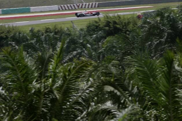 Unter Palmen Timo Glock (Deutschland Toyota) in seinem Boliden Motorsport Grand Prix Herren Großer Preis von Malaysia 2008, Formel 1 Weltmeisterschaft, F1, F, GP, WM, Qualifying Totale Kuala Lumpur Sepang Motorsport Grand Prix Herren Großer Preis von Malaysia 2008, Formel 1 Weltmeisterschaft, F1, F, GP, WM, Qualifying Totale Kuala Lumpur Sepang