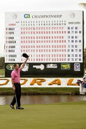 Geoff Ogilvy (Australien) jubelt über den Sieg beim WGC CA Championship Turnier 2008 - (Icon36980221) Golf Herren WGC CA Championship 2008, PGA Tour Einzelbild Doral Miami Begeisterung, Freude, Golf Herren WGC CA Championship 2008, PGA Tour Einzelbild Doral Miami Begeisterung, Freude, EDITORIAL USE ONLY