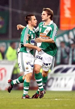 Steffen Hofmann (li.) und Markus Heikkinen (beide Rapid Wien) jubeln -  Fußball Herren Tmobilebundesliga 2007 2008, 1. österreichische Liga, SK Rapid Wien Gruppe Wien Freude, Fußball Herren Tmobilebundesliga 2007 2008, 1. österreichische Liga, SK Rapid Wien Gruppe Wien Freude,