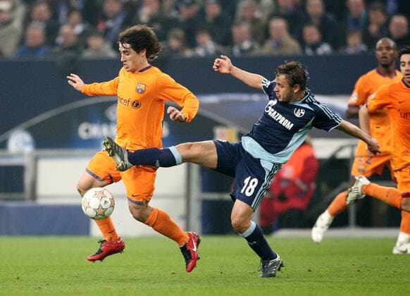 Bojan Krkic (FC Barcelona, li.) gegen Rafinha (Schalke) Fußball EC 1 Herren Champions League 2007 2008, FC Schalke 04 - FC Barcelona, Barca Gruppe Gelsenkirchen Dynamik, Fußball EC 1 Herren Champions League 2007 2008, FC Schalke 04 - FC Barcelona, Barca Gruppe Gelsenkirchen Dynamik,
