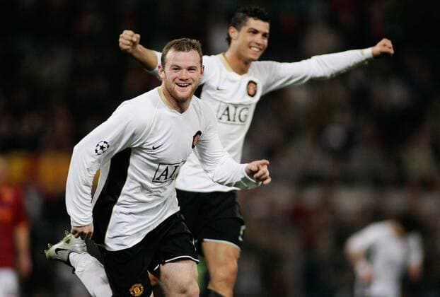 Wayne Rooney (li.) und Cristiano Ronaldo (beide Manchester United) - Torjubel -  Fußball EC 1 Herren Champions League 2007 2008, Manchester United, ManU Gruppe Rom Freude, Fußball EC 1 Herren Champions League 2007 2008, Manchester United, ManU Gruppe Rom Freude,