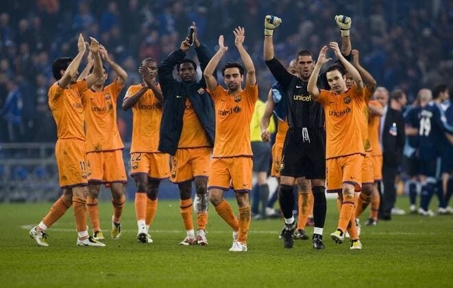 Schlussjubel FC Barcelona, v.re.: Andres Iniesta, Torwart Victor Valdes, Xavi und Samuel Etoo Fußball EC 1 Herren Champions League 2007 2008, FC Barcelona, Barca Gruppe Gelsenkirchen Freude, Fußball EC 1 Herren Champions League 2007 2008, FC Barcelona, Barca Gruppe Gelsenkirchen Freude,