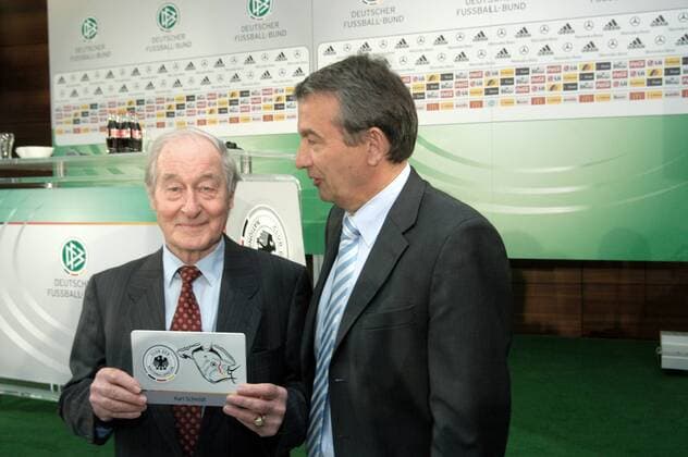 DFB Generalsekretär Wolfgang Niersbach (re.) übergibt Karl Schmidt (beide Deutschland) die Mitgliedskarte des Clubs der Nationalspieler, der anlässlich des 100 jährigen Länderspieljubiläums gegründet wurde Fußball Herren Nationalmannschaft 2008, Club der Nationalspieler o0 Gründung Gruppe Frankfurt M. Fußball Herren Nationalmannschaft 2008, Club der Nationalspieler o0 Gründung Gruppe Frankfurt M.