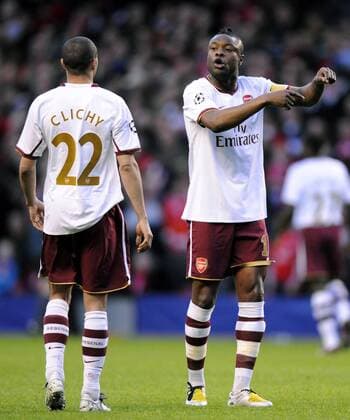 William Gallas (re.) und Gael Clichy (beide Arsenal) - EDITORIAL USE ONLY. No use with unauthorised audio, video, data, fixture lists, club league logos or live services. Online in-match use limited to 120 images, no video emulation. No use in betting, games or single club league player publications. Fußball EC 1 Herren Champions League 2007 2008, Arsenal FC London Gruppe Liverpool Fußball EC 1 Herren Champions League 2007 2008, Arsenal FC London Gruppe Liverpool