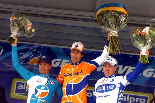 Siegerehrung Gent Wevelgem 2008: Sieger Oscar Freire (Spanien Rabobank, Mitte), Aurelien Clerc (Schweiz Bouygues Telecom, li.) und Wouter Weylandt (Belgien Quick Step Innergetic) - Radsport Herren Gent Wevelgem 2008, Straßenradsport, Straße, Rad Gruppe Gent Wevelgem Freude, Radsport Herren Gent Wevelgem 2008, Straßenradsport, Straße, Rad Gruppe Gent Wevelgem Freude,